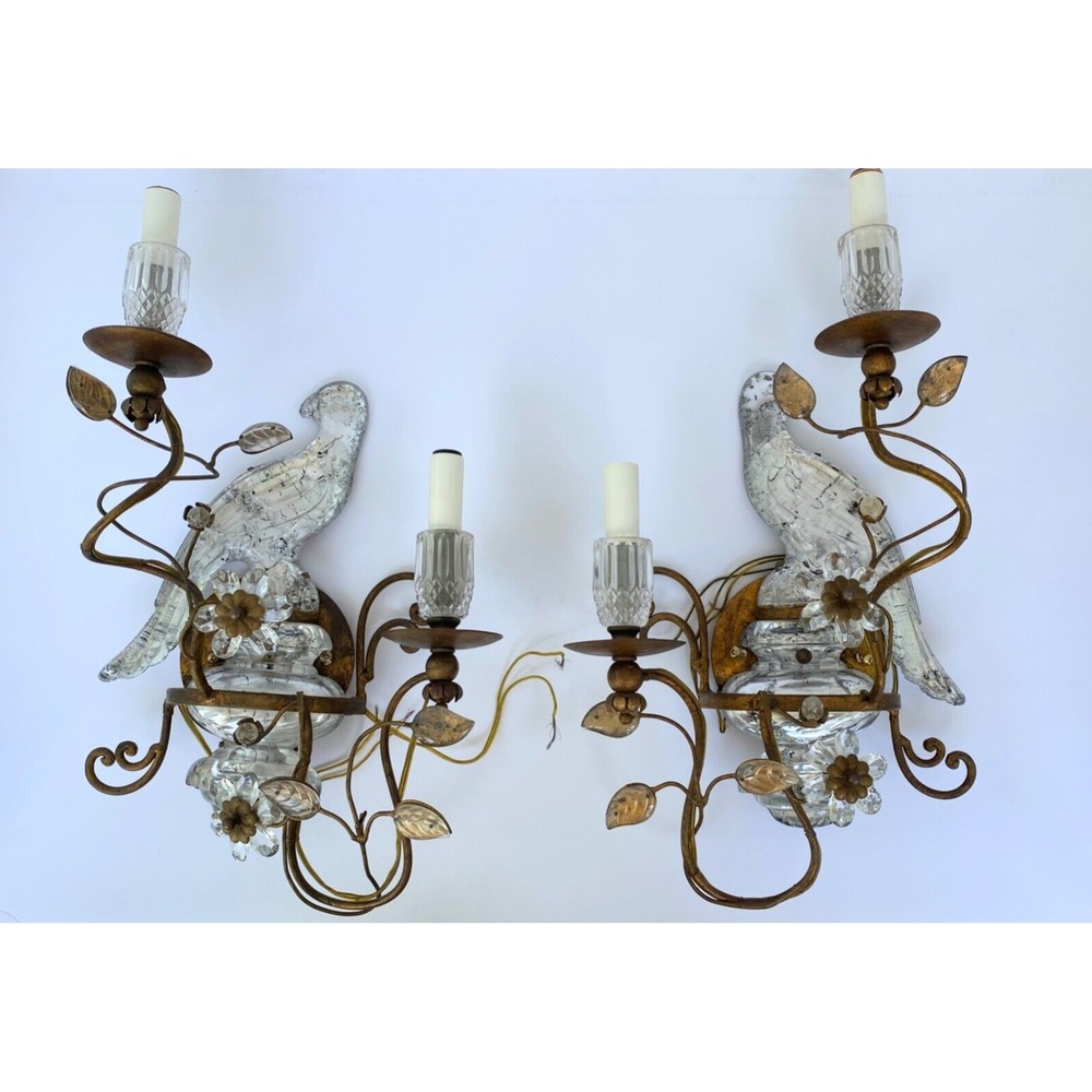 MAISON  BAGUES  Bird Sconces Pair of Glass‎ Electric Wall 2 Arm Sconces